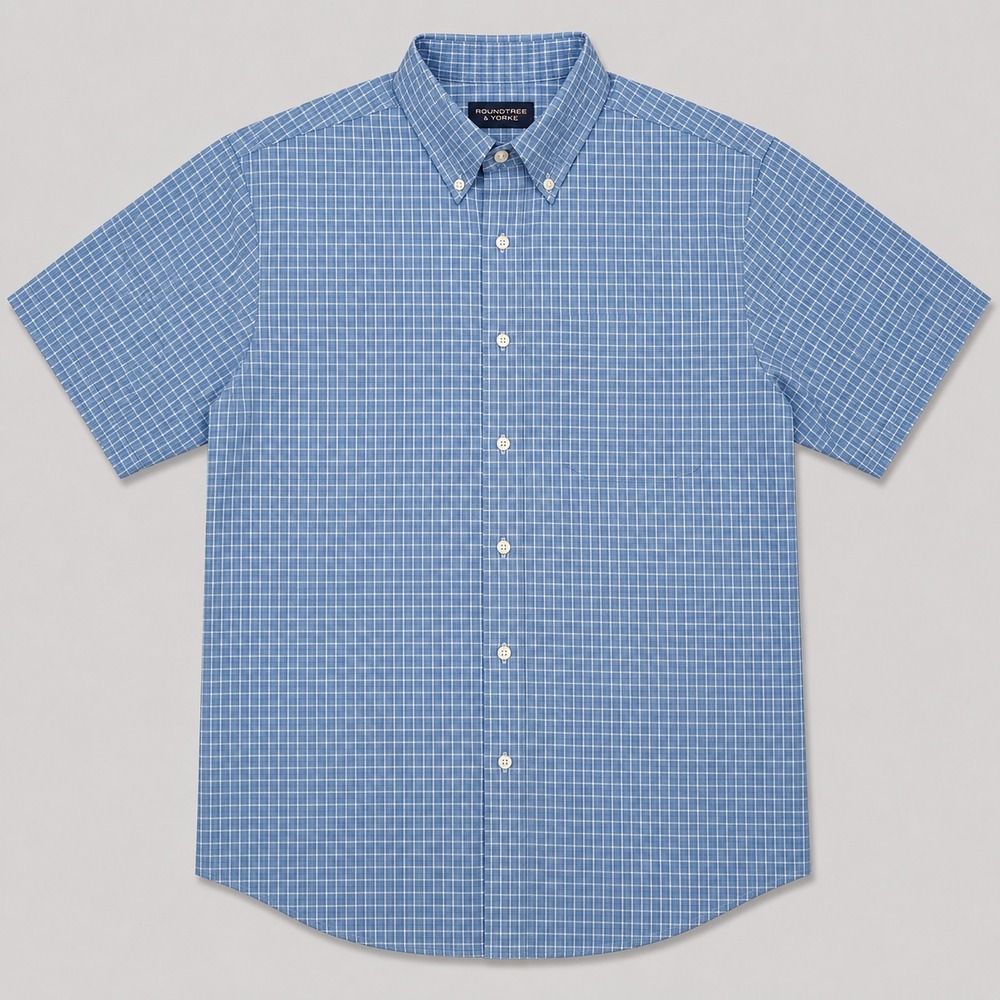 Roundtree & Yorke Shirt Mens Large Blue Check Button Up Short Sleeve Casual